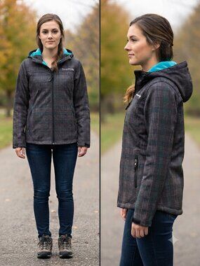 Free Country Plaid Blue Grey Black Softshell Hooded Women's Jacket - Size Medium